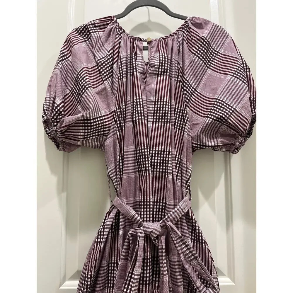 Never A Wallflower Puff Sleeve Burgundy Plaid Midi Dress Sz S - Picture 7 of 11